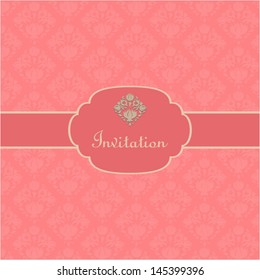 Invitation with pink damask pattern with frame.Vector eps10, illustration.