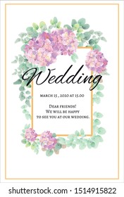 invitation with pink hydrangeas and eucalyptus branches