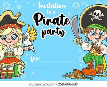 Invitation for Pirate party with boy and girl dressed as pirates with treasure and a parrot
