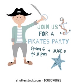 Invitation for a pirates party with text - Join Us For a Pirates Party. Cute vector illustration.