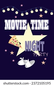 An invitation to a pizza and movie evening, a garland of lights, slices of pizza and slippers.