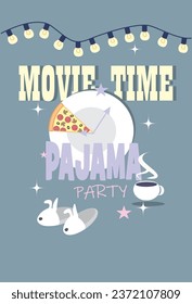An invitation to a pizza and movie evening, a garland of lights, a slice of pizza, slippers and a cup of hot tea.