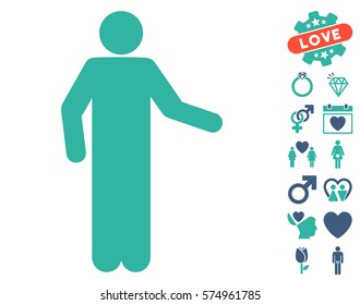 Invitation Pose pictograph with bonus dating graphic icons. Vector illustration style is flat iconic cobalt and cyan symbols on white background.