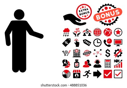 Invitation Pose pictograph with bonus elements. Vector illustration style is flat iconic bicolor symbols, intensive red and black colors, white background.