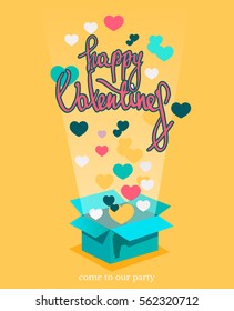 Invitation, post card, banner, background for Valentine's Day. Come to our party. Colorful art of advertisement. Vector illustration.