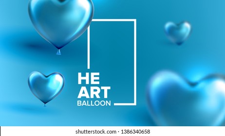 Invitation Postcard For Birthday Party Vector. Card Decorated By Realistic Blue Flying Balloon In Shape Of Heart With White Frame For Birthday Celebration. Colorful Glossy Bubbles 3d Illustration