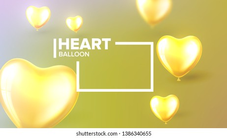 Invitation Postcard For Carnival Party Vector. Decorate By White Frame And Realistic Bright Golden Balloons In Shape Of Heart For Card Of Carnival Celebration. Fashion Beautiful 3d Illustration