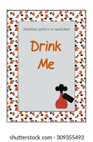 Invitation postcard Drink Me Bottle from Wonderland.  Printable Vector Illustration for Graphic Projects, Real Life Parties and the Internet.