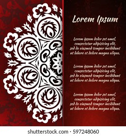 Invitation, postcard, frame for congratulations on the wedding, Valentines Day, birthday, child, gratitude, celebration, Declaration of love. Flyer. Vector red background with mandala drawing. eps10
