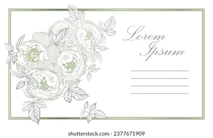 An invitation, a postcard in soft colors. Graphic image of rose flowers on a white background. A hand-drawn drawing.