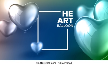 Invitation Postcard For Surprise Party Vector. Postcard Decorated By Realistic Glossy Blue And Green Flying Helium Balloon In Shape Of Heart For Rejoice On Anniversary Birthday Party. 3d Illustration