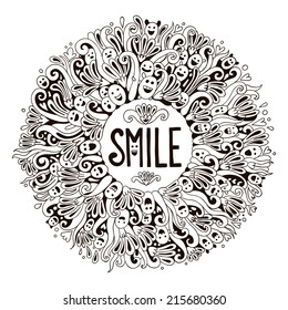 Invitation or postcard template with word SMILE. Vector greeting card