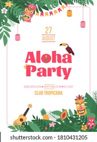 Invitation poster for Aloha Party in Hawaiian style with tropical leaves and Tiki mask, cartoon vector illustration. Summer party invitation template. svg