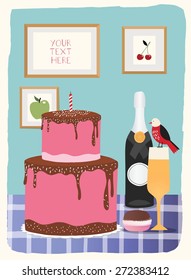 Invitation poster, card  with cake and champagne.