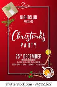 Invitation Poster to Christmas Party. Holiday Composition with Paper Gift Box and Confetti on Red Backdrop. Greeting Card with Festive Decoration. Vector Illustration.