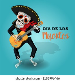 Invitation poster to the Day of the dead party. Dia de los Muertos card with skeleton playing the guitar.