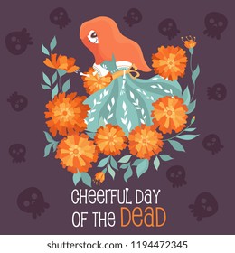 Invitation poster to the Day of the dead party. Dea de los muertos card.Beautiful skeleton girl in the colors of marigolds.