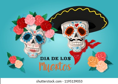 Invitation poster to the Day of the dead party. Dea de los muertos card with skeleton and roses.