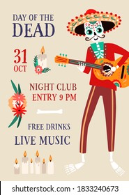 Invitation poster for Day of the Dead party with skeleton playing guitar in festival costume and sombrero. Advertising placard for Dia de Los Muertos party. Flat vector cartoon illustration