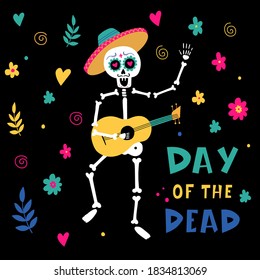 Invitation poster to the Day of the dead party. Mariachi skeleton. Vector illustration isolated.