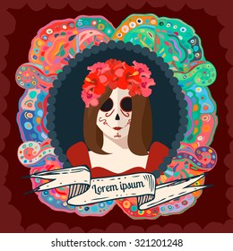 Invitation poster for Day of the dead party. Colored portrait of Catrina. Vector illustration in flat style. 