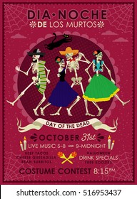 Invitation poster to the Day of the dead party. Dea de los muertos flyer.