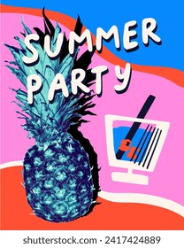 Einladung oder Plakat mit blauem Ananas mit Halbtoneffekt dekoriert. Sommerparty. Vektorgrafik für die Sommerveranstaltung im Retro-Collage-Stil.