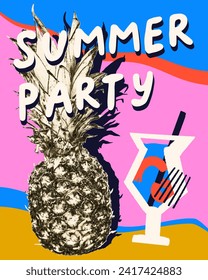 Einladung oder Plakat mit goldener Ananas mit Halbtoneffekt dekoriert. Sommerparty. Vektorgrafik für die Sommerveranstaltung im Retro-Collage-Stil.