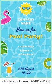 Invitation, poster, flyer, Pool party, music, dancing, cocktails, lifebuoy, summer, vacation, blue water, bright invitation, palm trees