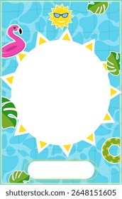 Invitation, poster, flyer, sample, template, Pool party, text box, lifebuoy, summer, vacation, blue water, bright invitation, palm trees