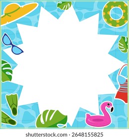 Convite, cartaz, folheto, amostra, modelo, instagram post, caixa de texto, piscina, festa, nadadeiras, boia salva-vidas, maiô, flamingo, chapéu de palha
