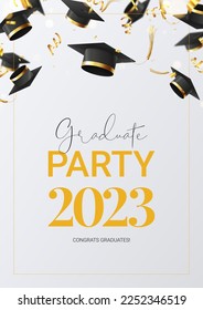 Invitation poster for graduation party. 3d falling graduation caps, golden confetti and serpentine. Vector illustration for decoration social media, banners, posters and graduate ceremony.