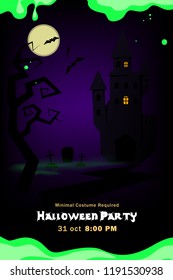 invitation poster halloween party with horror castle and bats on background vector illustration