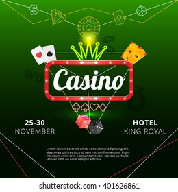 Invitation poster to hotel king royal casino with neon sign and crown on green background flat vector illustration