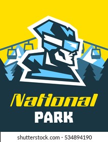 Invitation to a poster in the national park. Advertising resting place. Logo skier's face. Horizontal view of a winter landscape. Lift up the hill. Vector illustration 