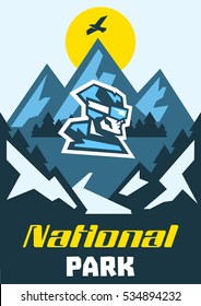 Invitation to a poster in the national park. Advertising resting place. Logo skier's face. Horizontal view of a winter landscape. Mountain, forest. Vector illustration 