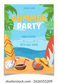 Invitation poster for summer party. Invite card for tropical event celebration with dj. Sandy beach on seaside with tropical leaves, surfboards, balls, coconut and hat. Flat vector illustration.