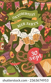 Einladende Plakatvorlage für eine Bierfestparty. Oktoberfest feiert - das nationale Herbstfest Deutschlands. Vektorgrafik. Alkoholkonsumkultur. Treffen Sie sich mit Freunden im Pub.  