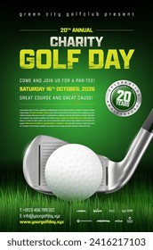 Invitation poster template for golf tournament. Golf ball, golf stick, grass, green background and copy space for your text. Vector illustration.