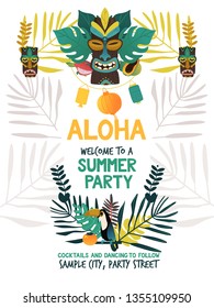 Invitation poster template for hawaiian summer party with traditional Hawaii island symbols of tiki, tropical fruits and bird, flowers and leaves on white background in flat vector illustration.