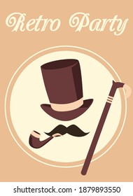 Einladung Poster-Vorlage für Retro-Party mit vintage Gentleman Modedesign Elemente, flache Vektorgrafik. Vintage Gentlemen Club Logo oder Emblem Design.