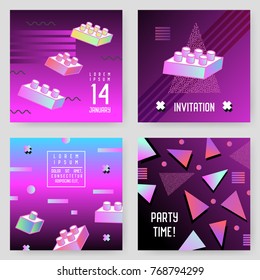 Invitation Poster Templates Set with Geometric Memphis Shapes. Party Background Vintage Retro 80s 90s Style. Vector illustration