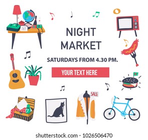 Invitation poster to visit the market fair like night market, weekend market, or flea market, can be used to promote the place, doodle style on white background, illustration, vector