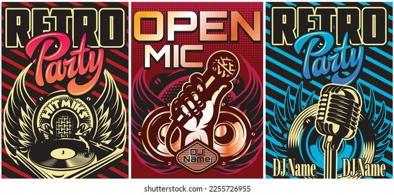 Invitation posters for a musical event. Set of three colored vector templates for design.