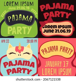 Invitation posters to pajama party with image of sleep masks and time and date. Square cards for invite fun night slumber holiday. Flat cartoon vector illustrations.