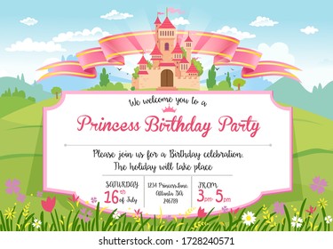 Invitation to Princess 's Birthday Party with a beautiful landscape and a magnificent castle 