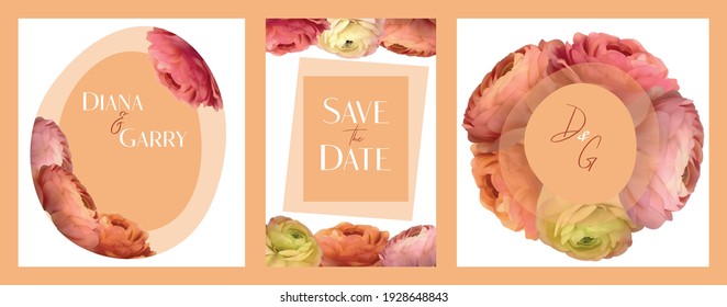 ilustración de vector de diseño 3d de plantilla ranunculus realista invitación. Guarde la floración del ranunculus de la fecha, el borde elegante de la mariposa, ornamentado y capelleta. Fondo de Boho, marco floral. Cartel botánico