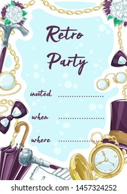 Invitation to a retro party with elements of vintage accessories gentleman. Hat cylinder, pince-nez, gold pocket watch, butterfly bowtie, walking stick. Hand drawing sketch, vertical flyer.