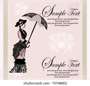 invitation with retro woman with umbrella