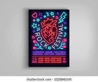 Invitation to the Rock Festival. Typography, Poster in neon style, Neon sign, Brochure, Flyer Design template for rock festival, concert, party, live music. Music Rock and Roll. Vector illustration